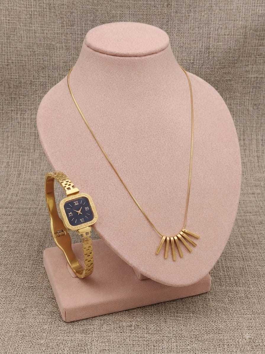 Bar Charm Snake Chain Necklace & Fashion Watch Combo