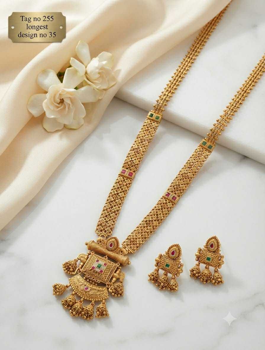 Barrel Bale Pendant Long Necklace Set with Jhumka Earrings