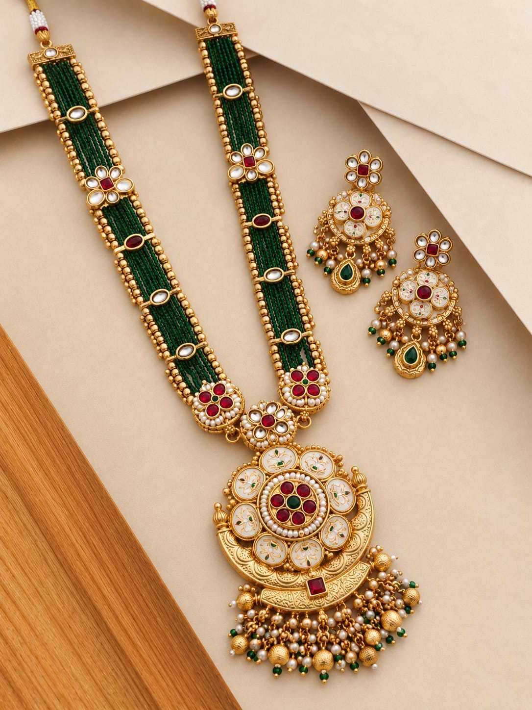 Bead Strand Long Set with Kundan Crescent Flower Pendant
