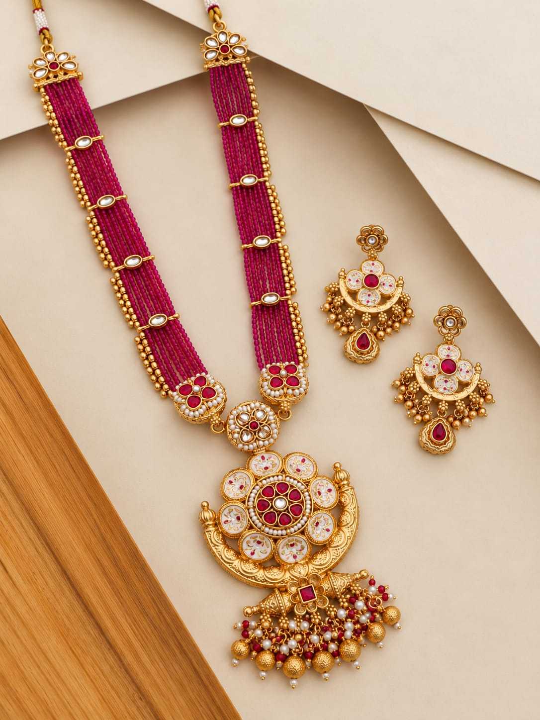 Bead Strand Long Set with Kundan Crescent Flower Pendant