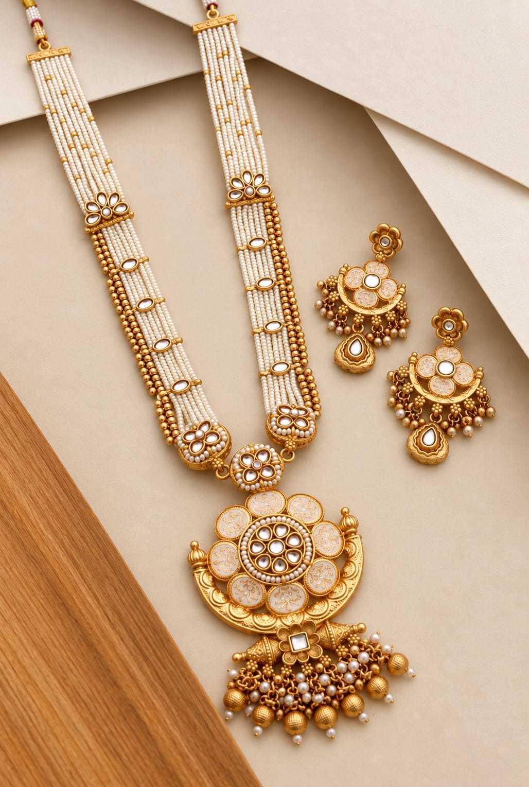 Bead Strand Long Set with Kundan Crescent Flower Pendant