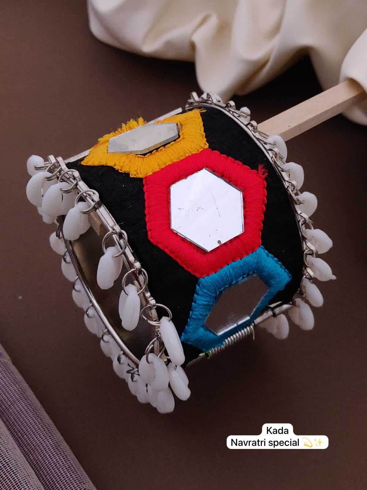Black Base Mirror Work Kada with Cowrie Shell Hangings
