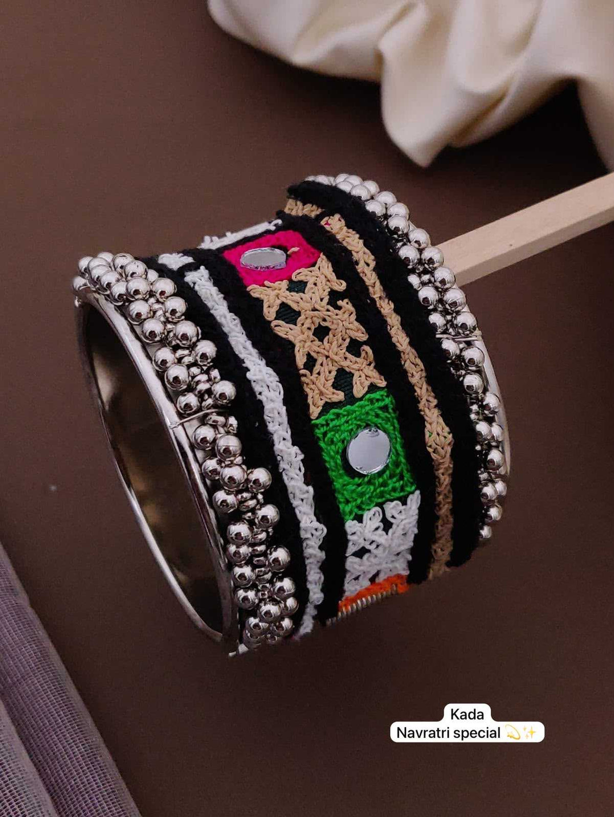 Black Base Mirror Work Kada with Cowrie Shell Hangings
