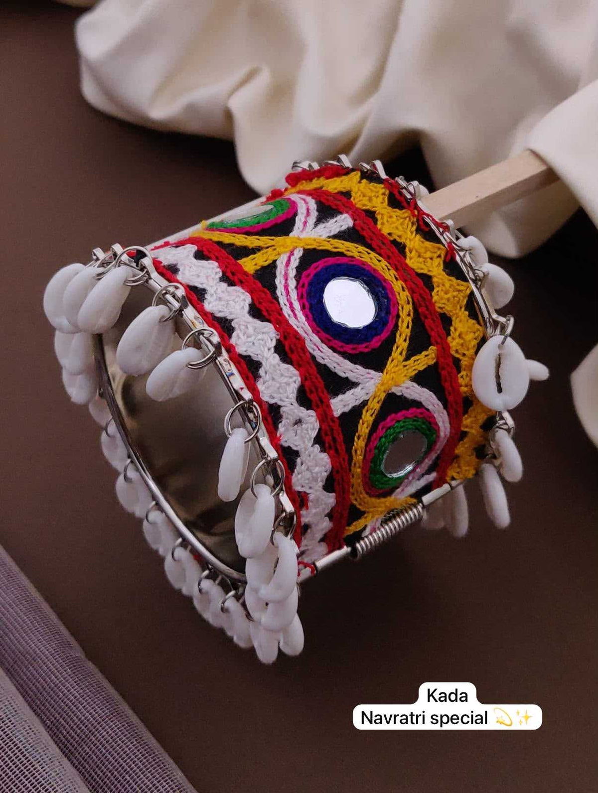 Black Base Mirror Work Kada with Cowrie Shell Hangings