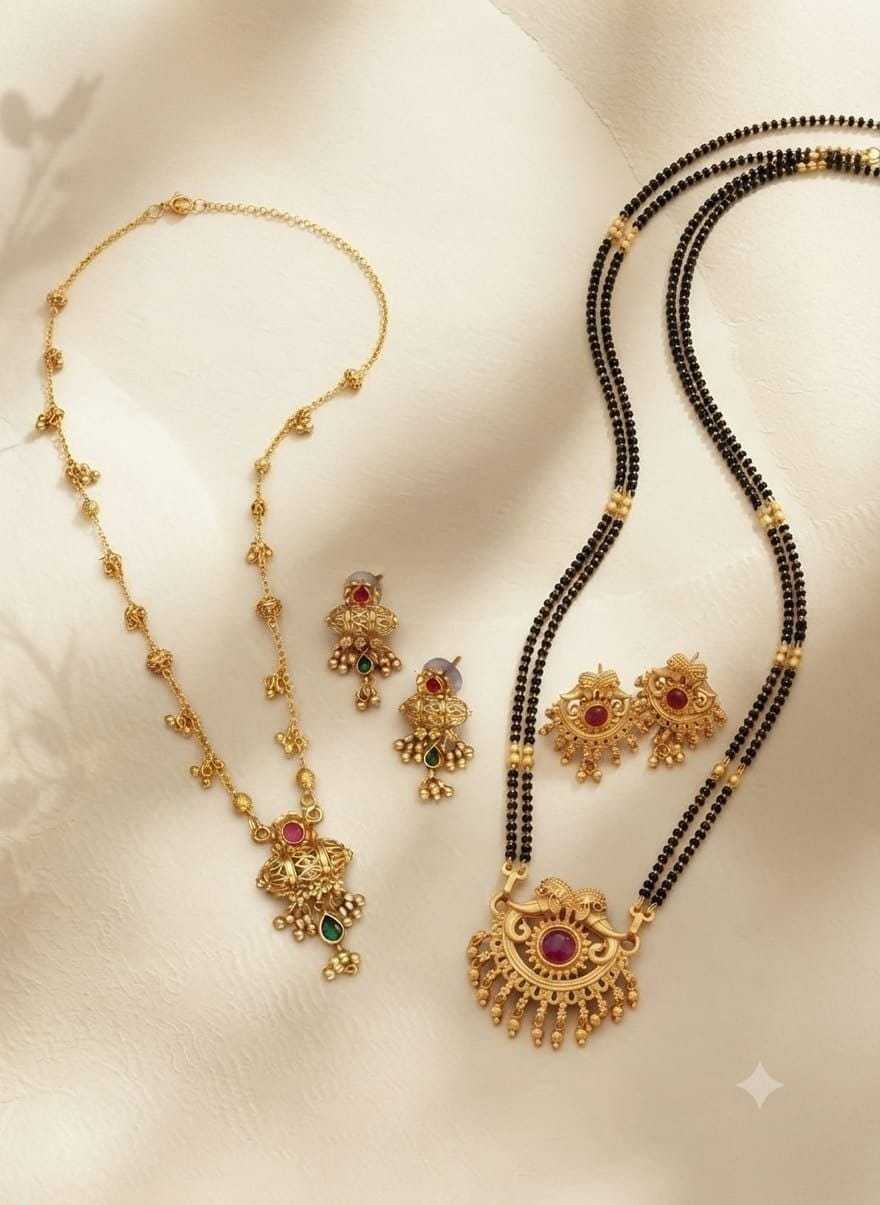 Black Bead Mangalsutra and Pendant Set Combo with Two Earring Pairs