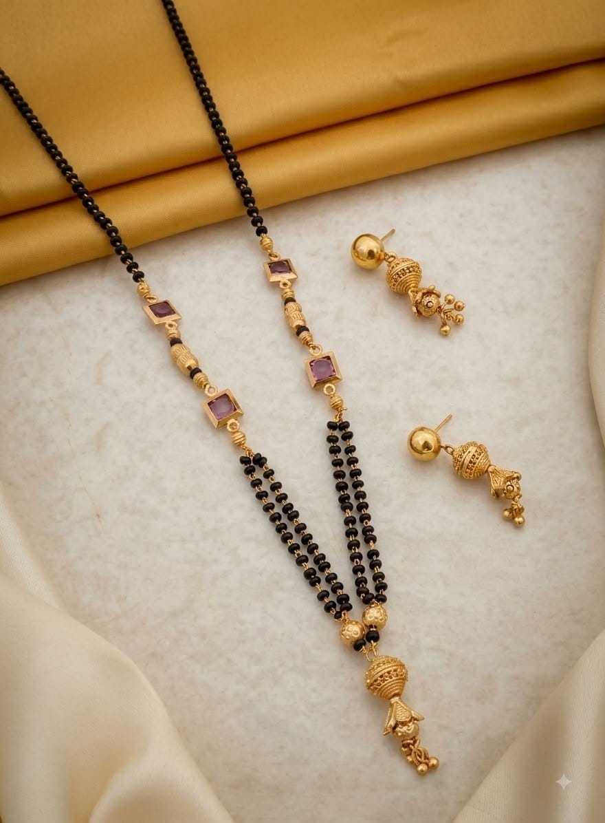 Black Bead Mangalsutra with Maroon Square Stones & Gold Bead Drop
