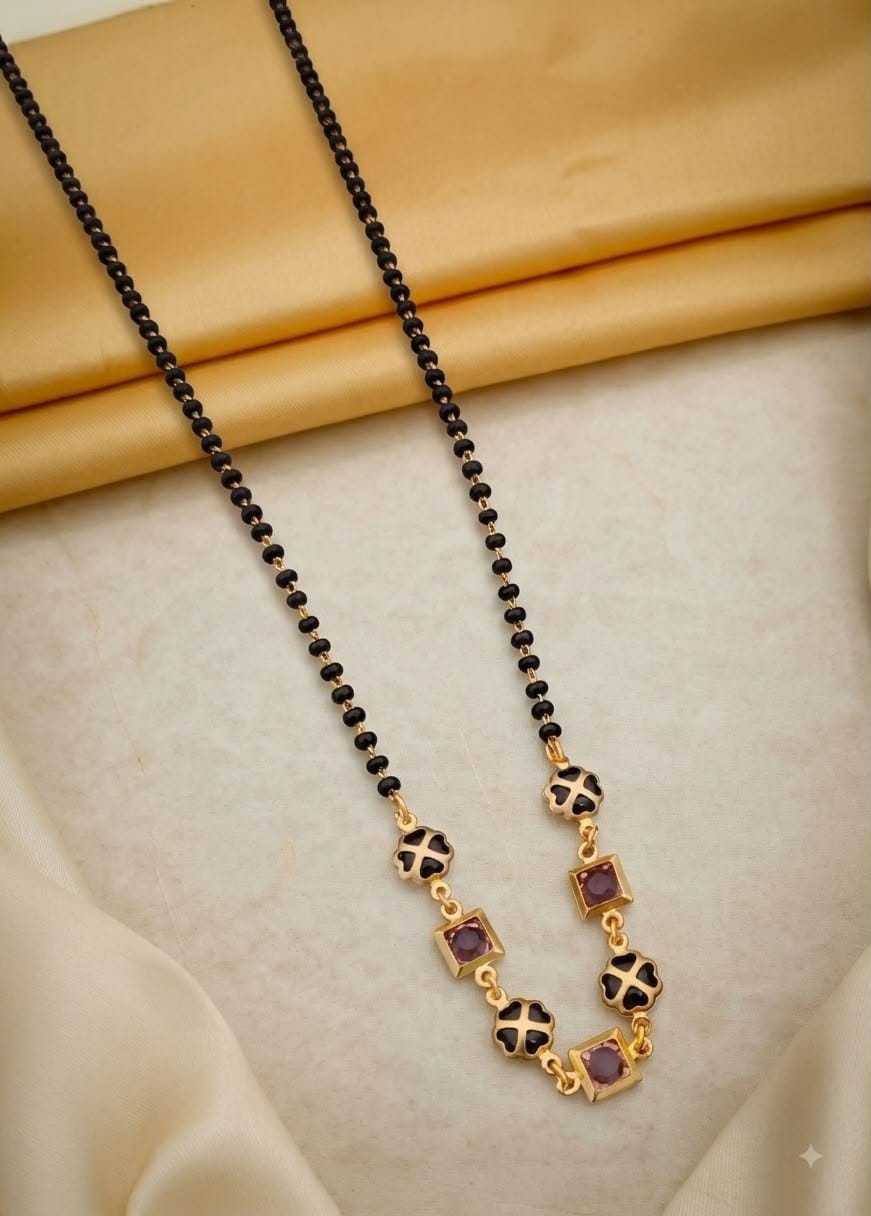 Black Bead Mangalsutra with Maroon Square Stones & Gold Bead Drop