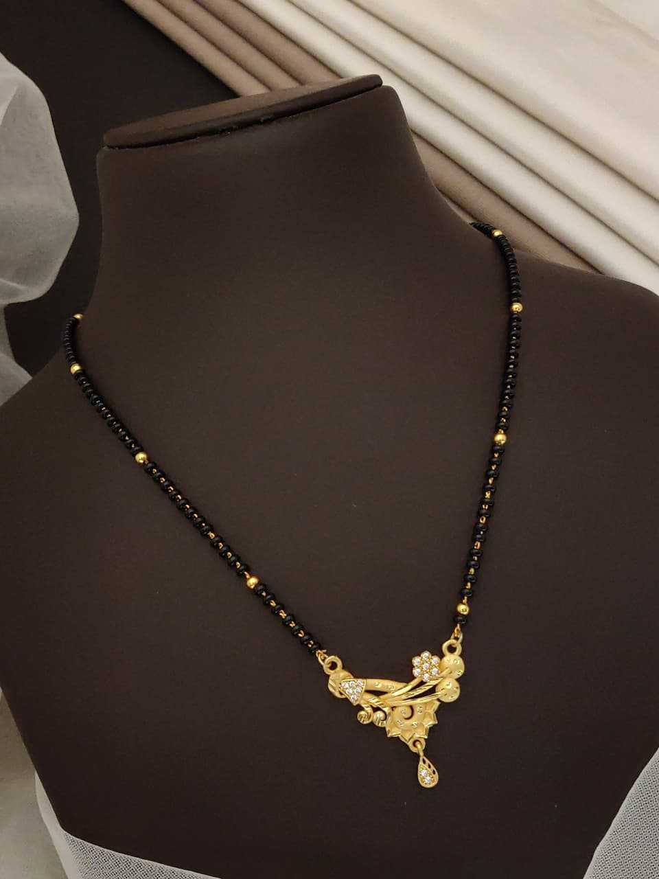 Black Bead Mangalsutra with Peacock Wing AD Pendant