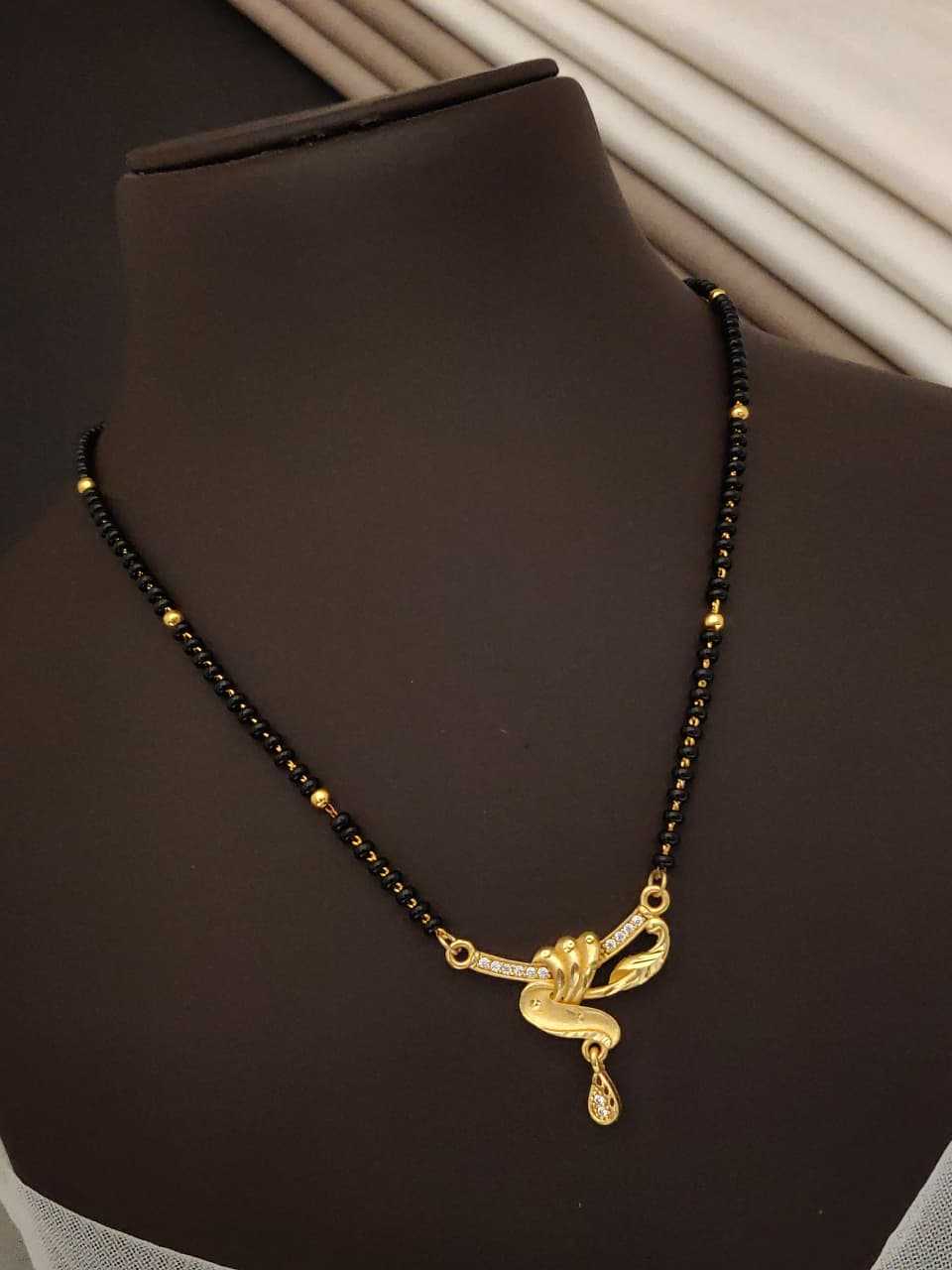 Black Bead Mangalsutra with Peacock Wing AD Pendant