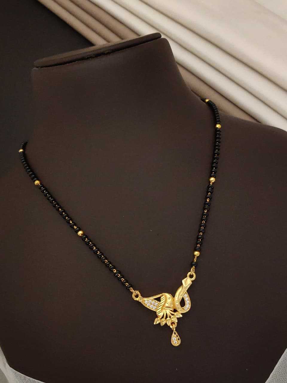 Black Bead Mangalsutra with Peacock Wing AD Pendant