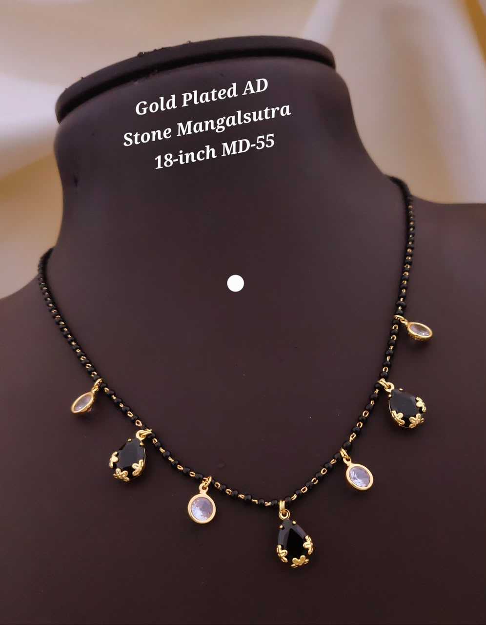 Black Bead Mangalsutra with Teardrop and Round AD Stone Charms