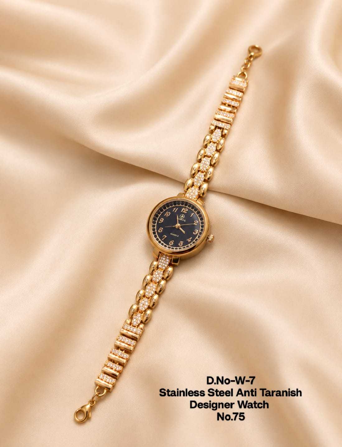 Black Dial Gold-Tone Bracelet Watch with Crystal-Studded Links