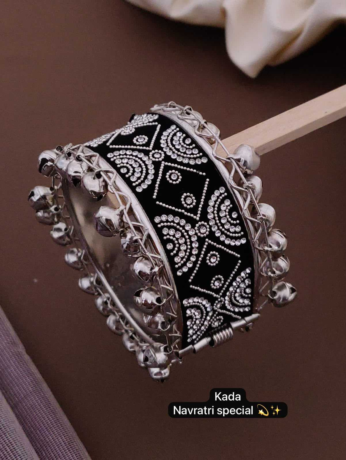 Black Fabric Ghungroo Kada with Silver Stud Patterns