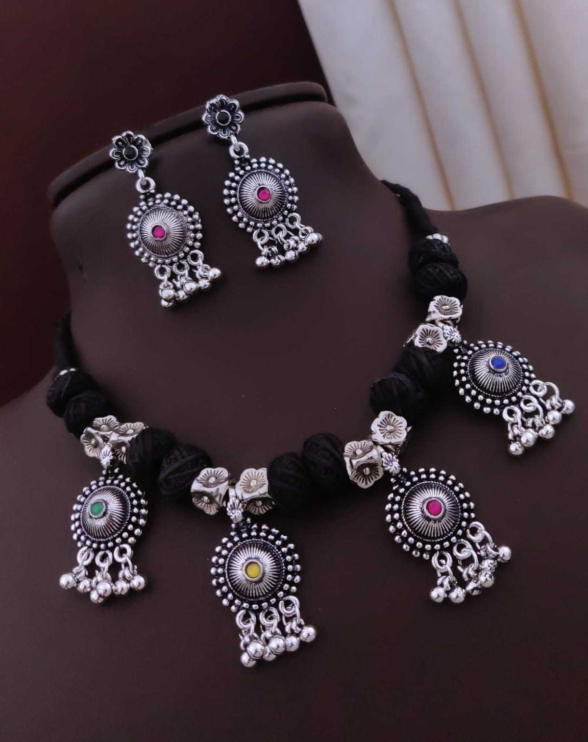 Black Thread Oxidised Necklace Set with Stone Medallion Drops