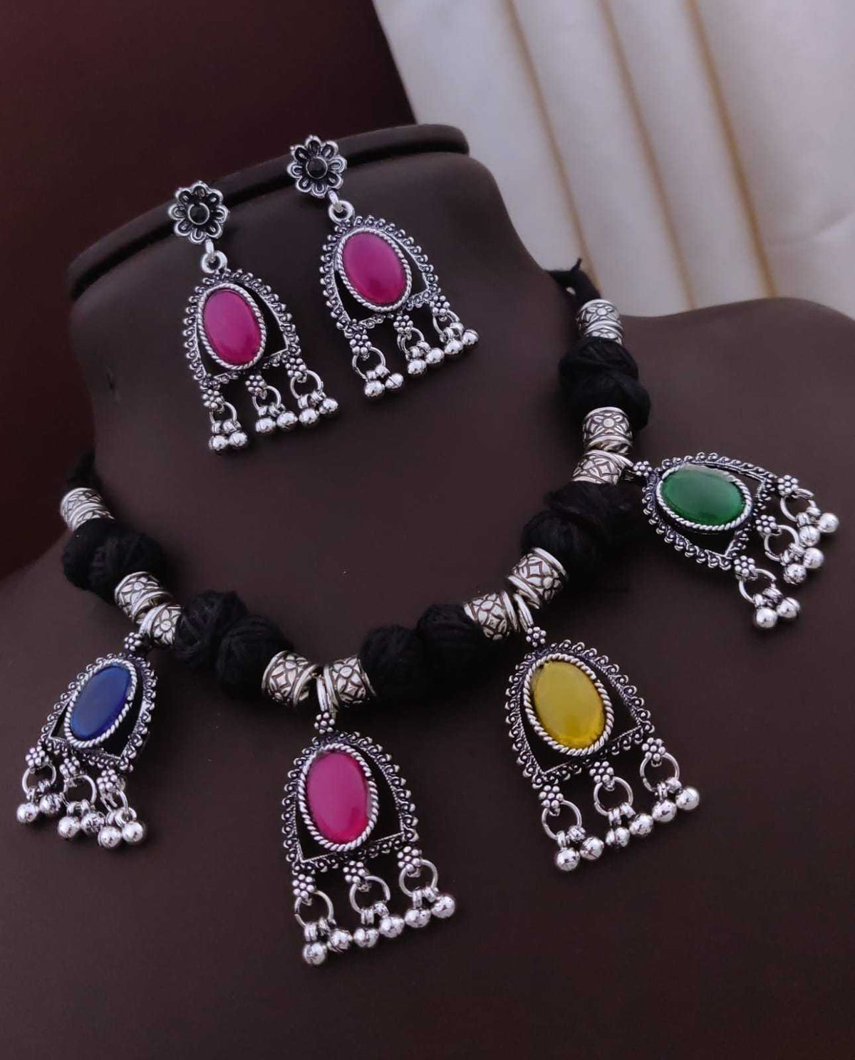 Black Thread Oxidised Necklace Set with Stone Medallion Drops