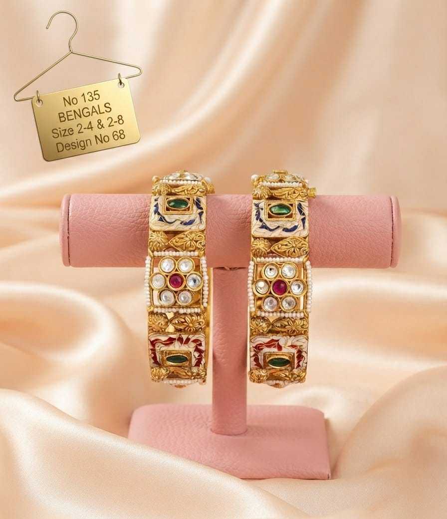 Broad Kundan Kada Bangles with Ruby, Green and Pearl Detailing