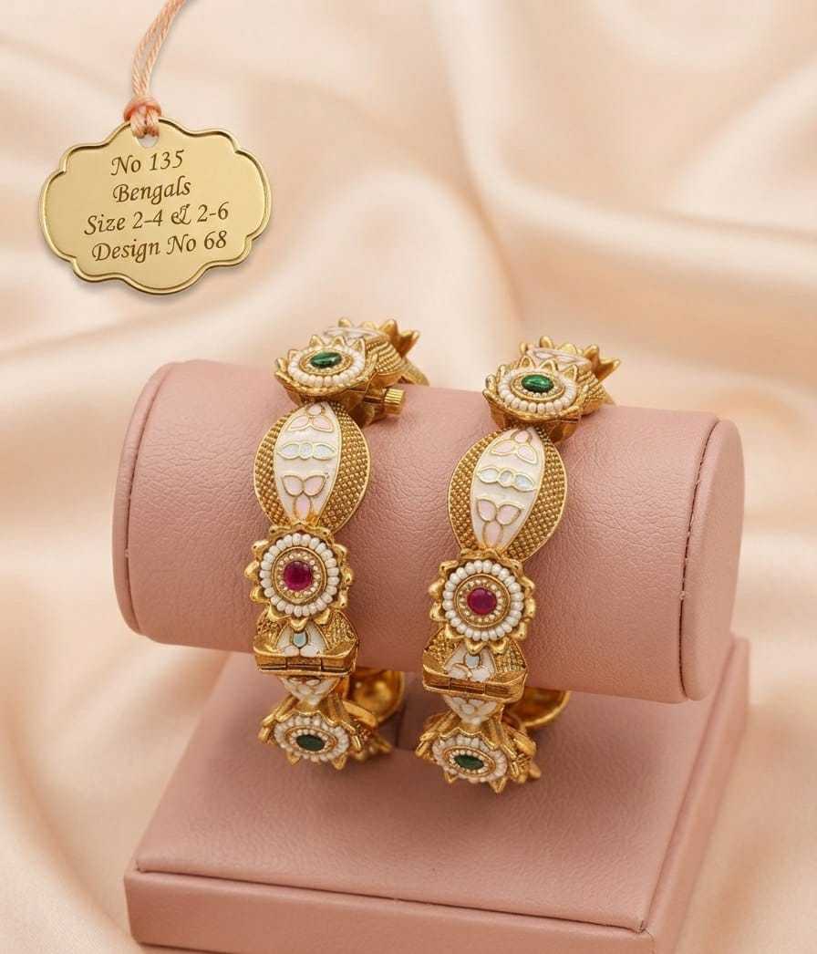 Broad Kundan Kada Bangles with Ruby, Green and Pearl Detailing