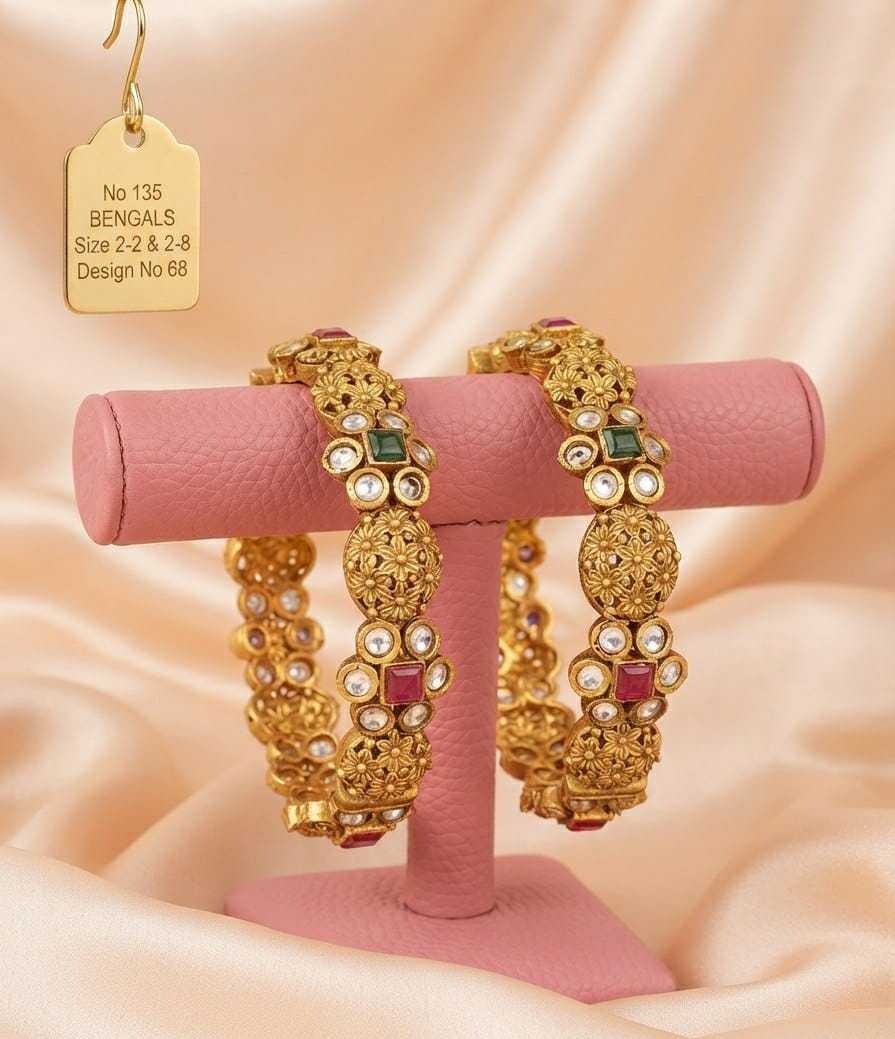 Broad Kundan Kada Bangles with Ruby, Green and Pearl Detailing