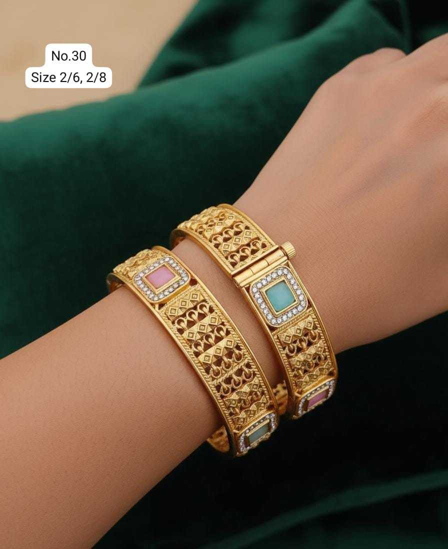 Broad Rajwadi Bangle Pair with Pastel Stones and Filigree