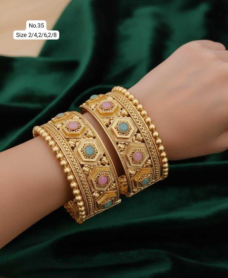 Broad Rajwadi Bangle Pair with Pastel Stones and Filigree