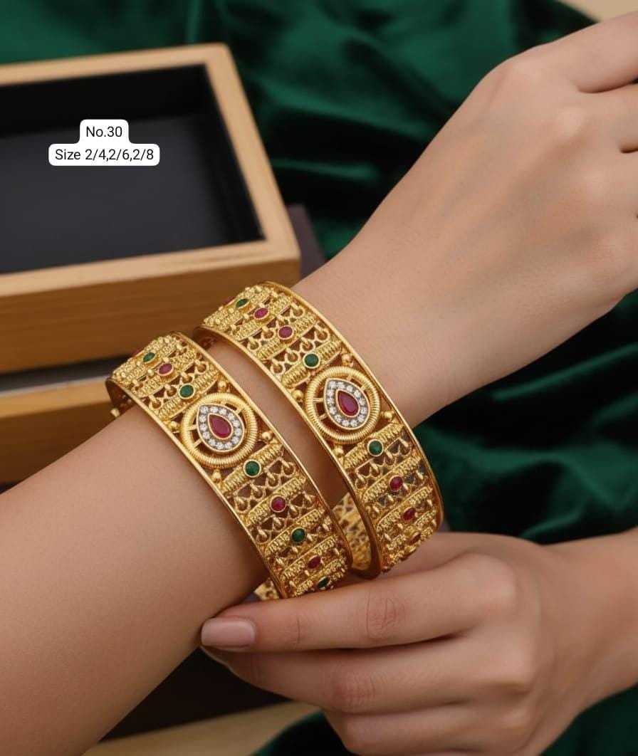 Broad Rajwadi Bangle Pair with Pastel Stones and Filigree