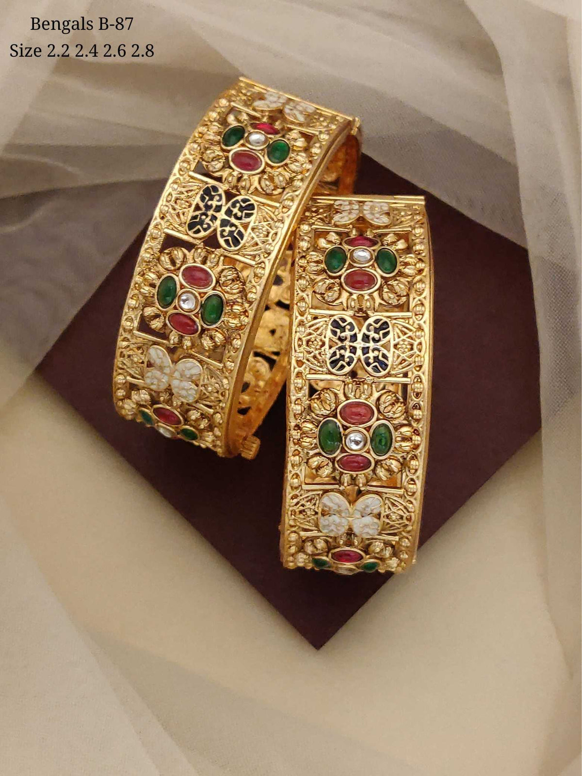 Broad Rajwadi Kada Pair with Ruby, Emerald Stones and White Enamel