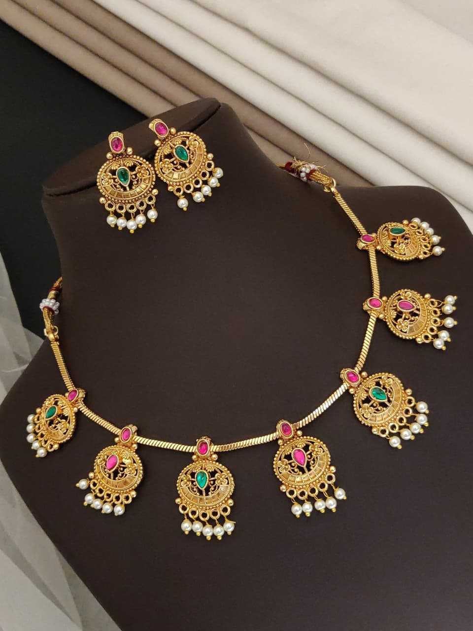 Chandbali Motif Gold-Plated Necklace Set with Pearl Drops