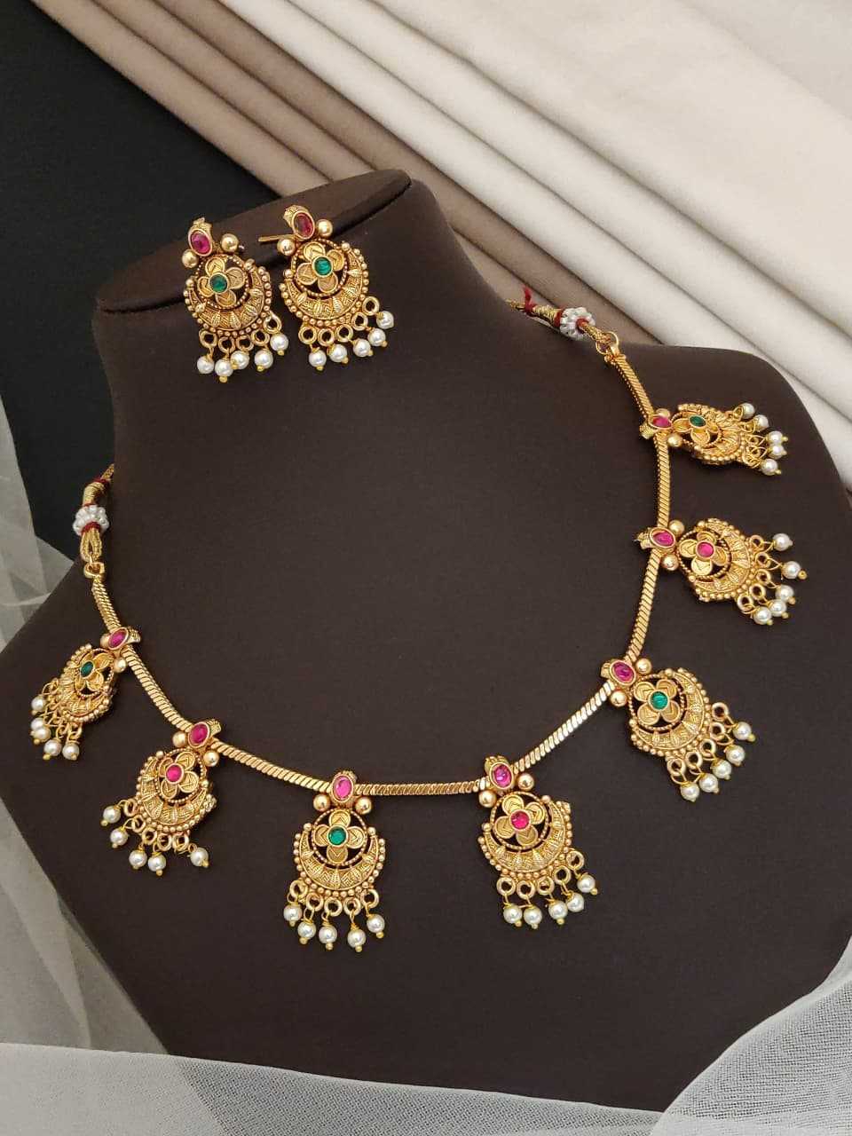Chandbali Motif Gold-Plated Necklace Set with Pearl Drops