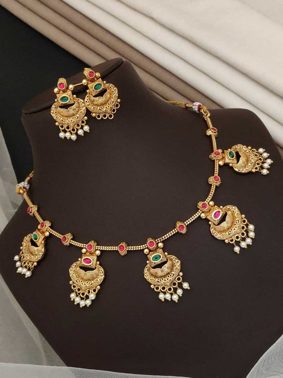 Chandbali Motif Gold-Plated Necklace Set with Pearl Drops