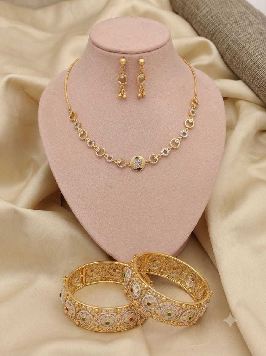 Circular Crystal Link Necklace with Dangle Earrings