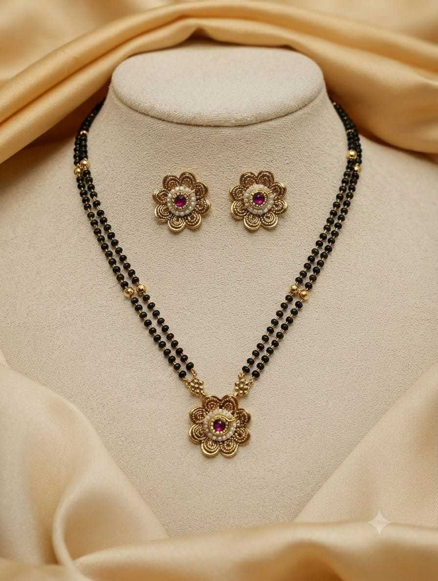 Circular Floral Pendant Mangalsutra with Earrings