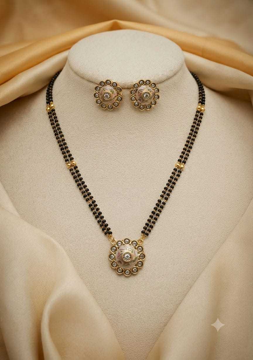 Circular Floral Pendant Mangalsutra with Earrings