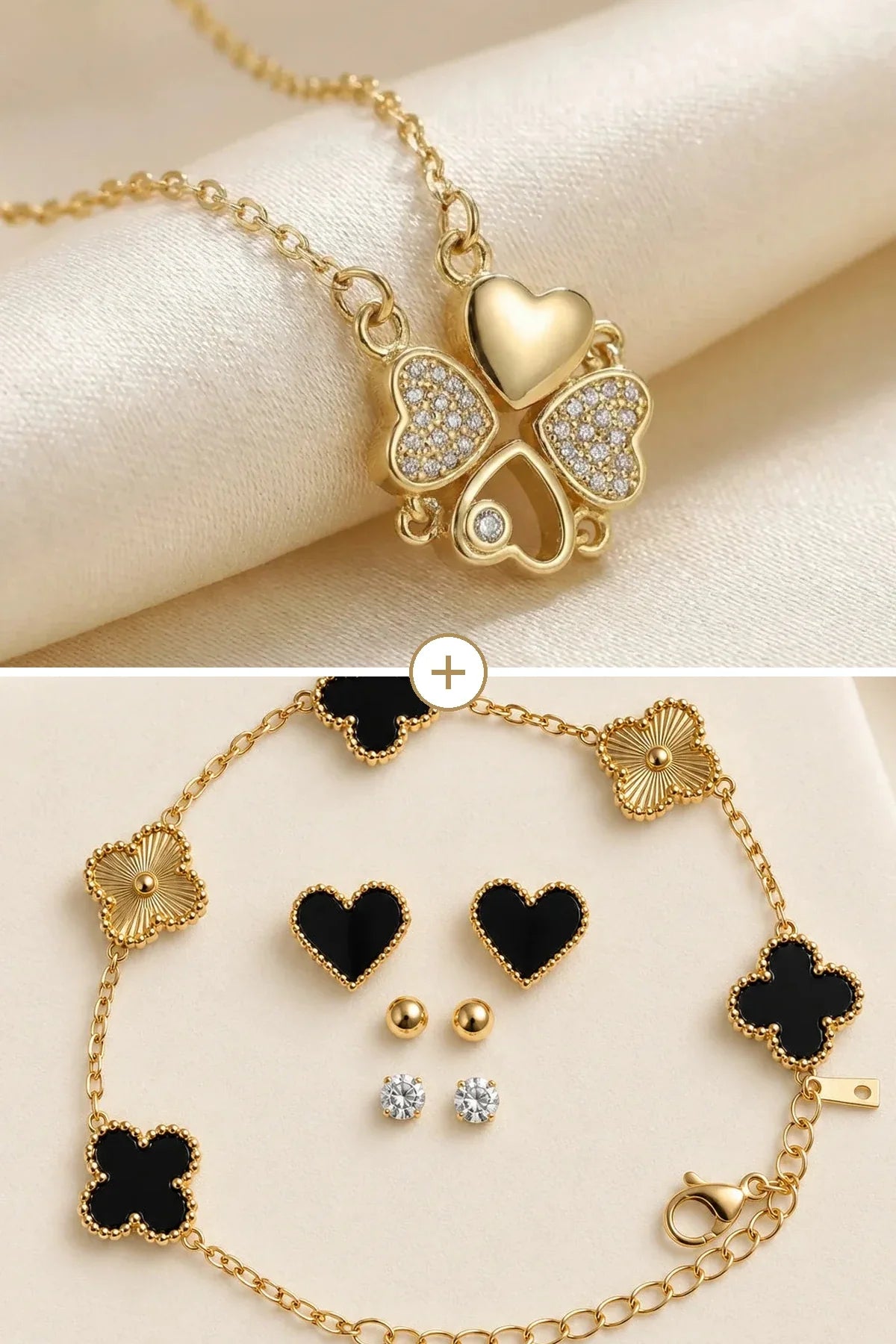 Heart clover pendant above a black and gold clover bracelet with stud earrings