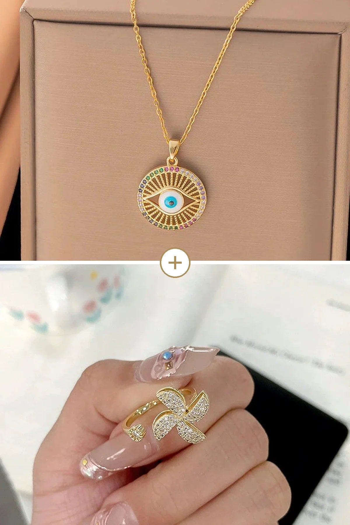 Multicolour evil eye pendant above the pinwheel ring worn on a finger