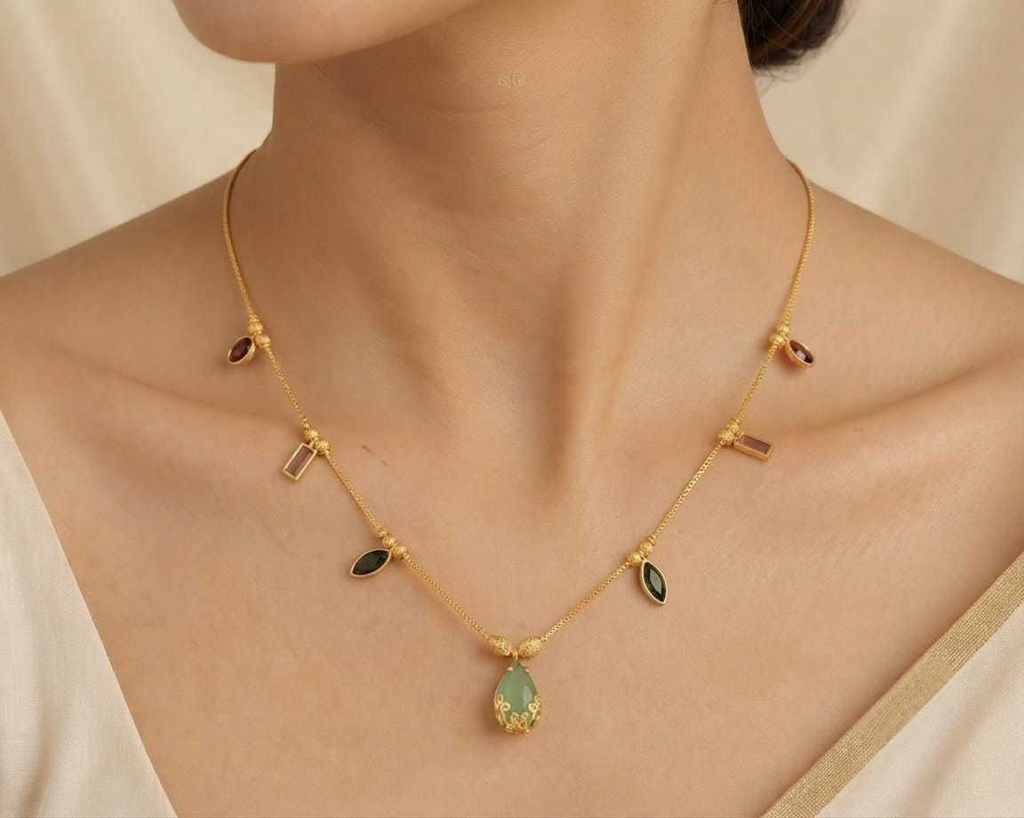 Coloured Stone Charm Necklace in Gold Tone