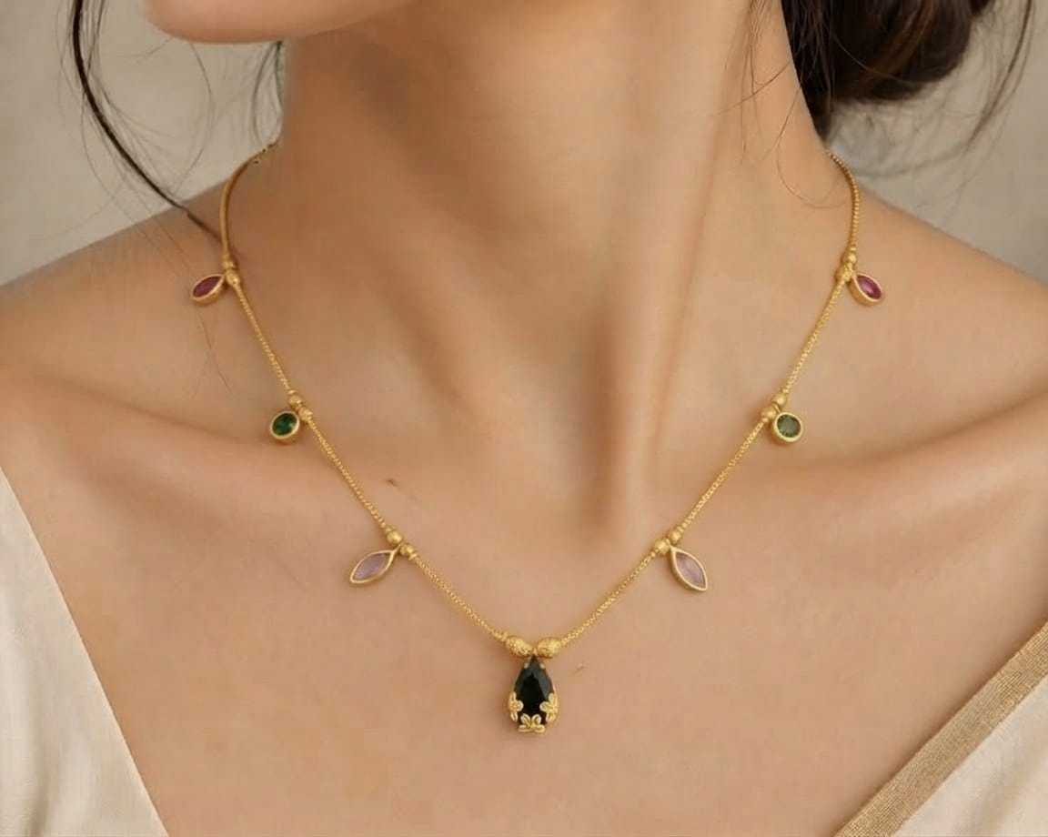 Coloured Stone Charm Necklace in Gold Tone