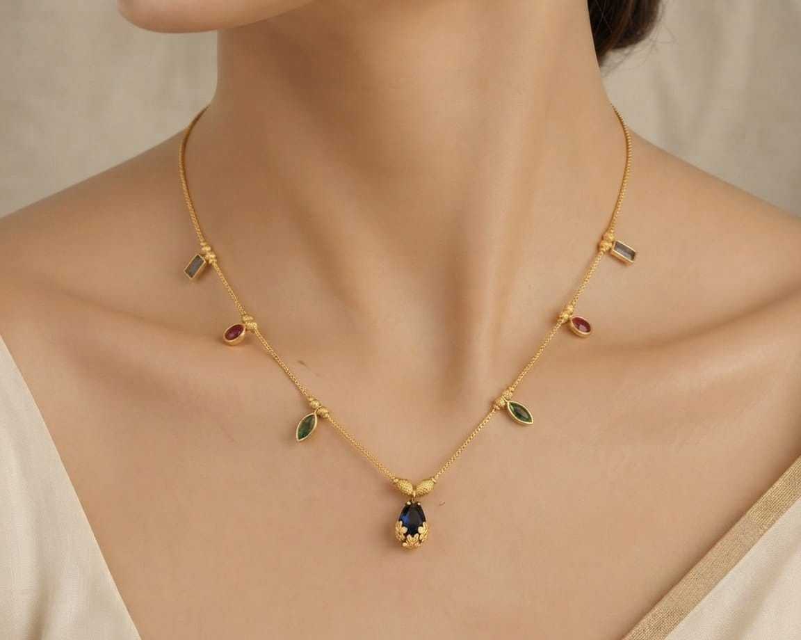 Coloured Stone Charm Necklace in Gold Tone