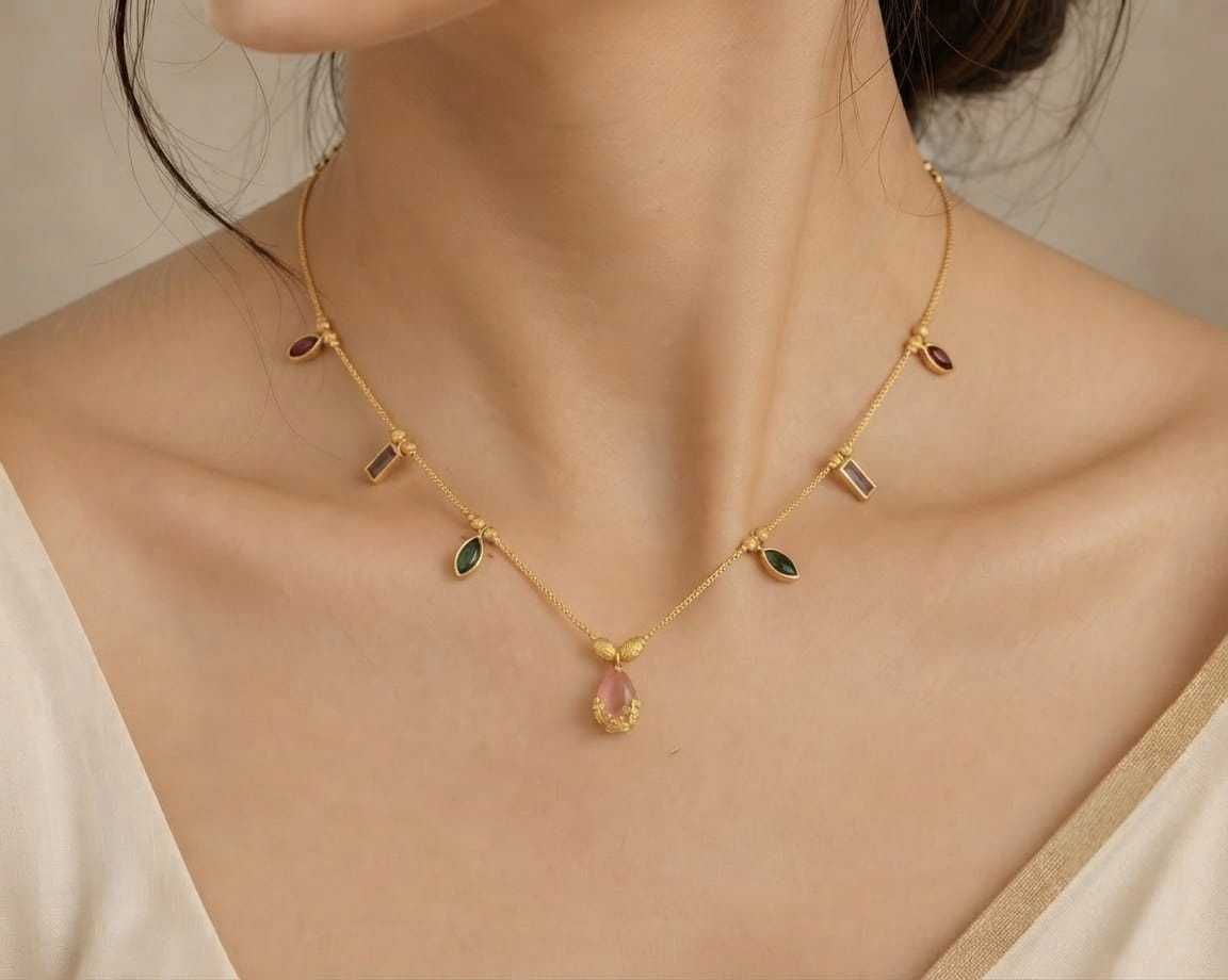 Coloured Stone Charm Necklace in Gold Tone