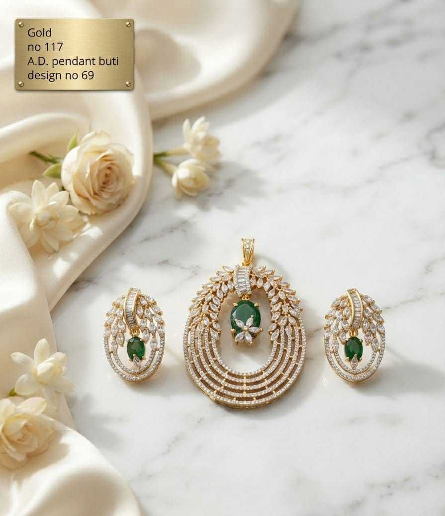 Concentric Oval Ring AD Pendant Set with Coloured Stone Drop