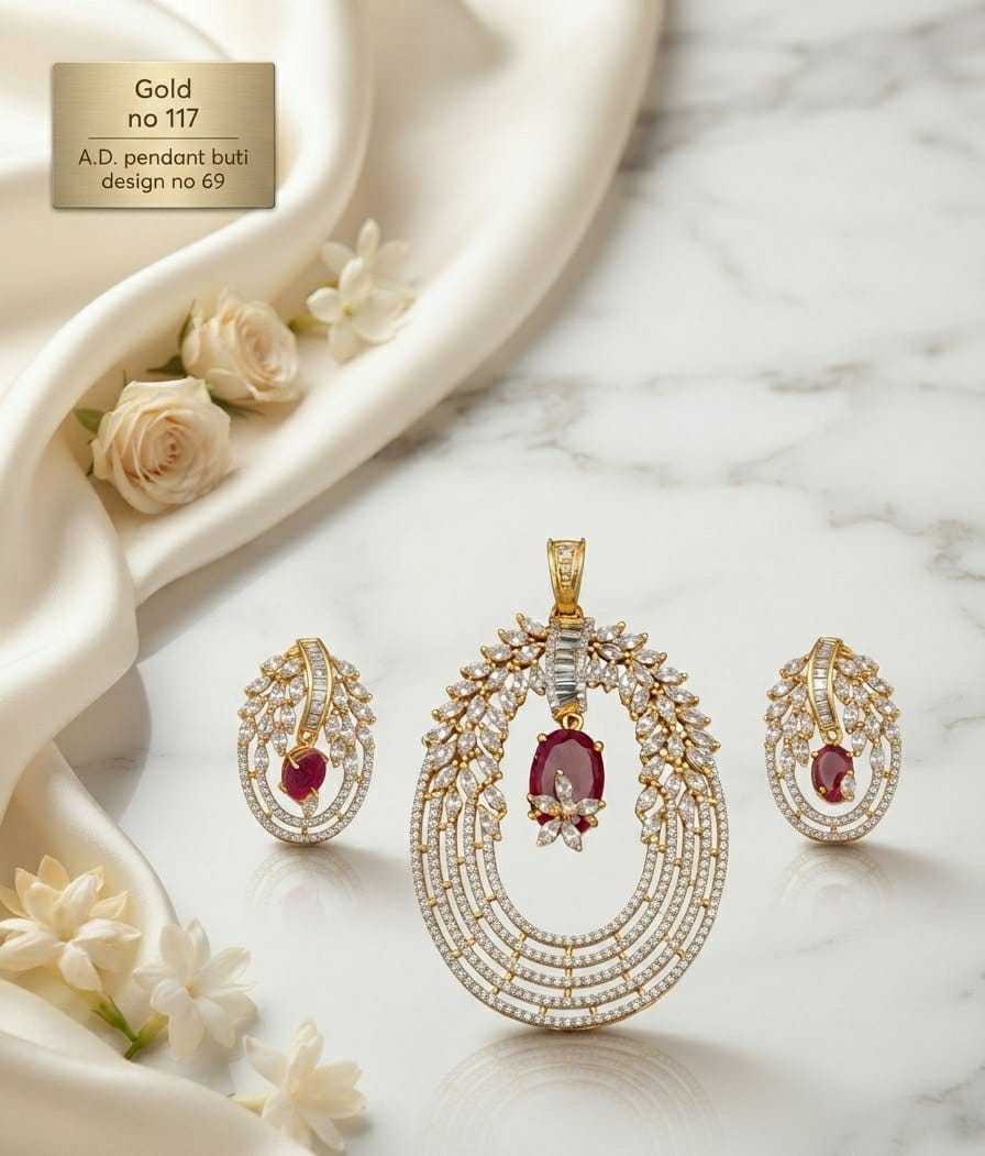 Concentric Oval Ring AD Pendant Set with Coloured Stone Drop