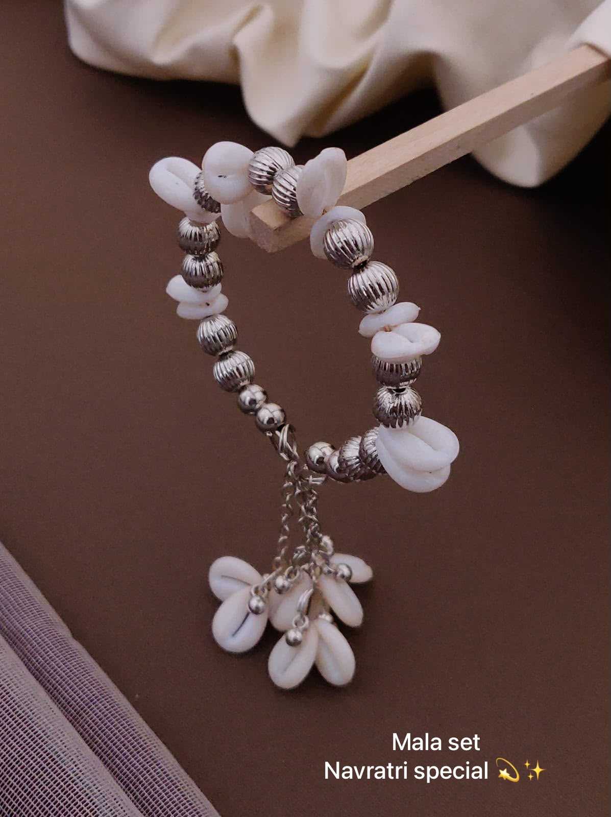 Cowrie Shell and Oxidised Bead Bracelet with Shell Cluster Charm