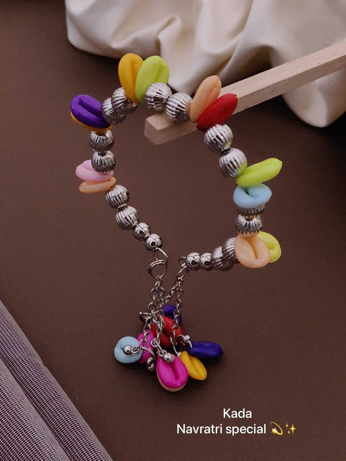 Cowrie Shell and Oxidised Bead Bracelet with Shell Cluster Charm