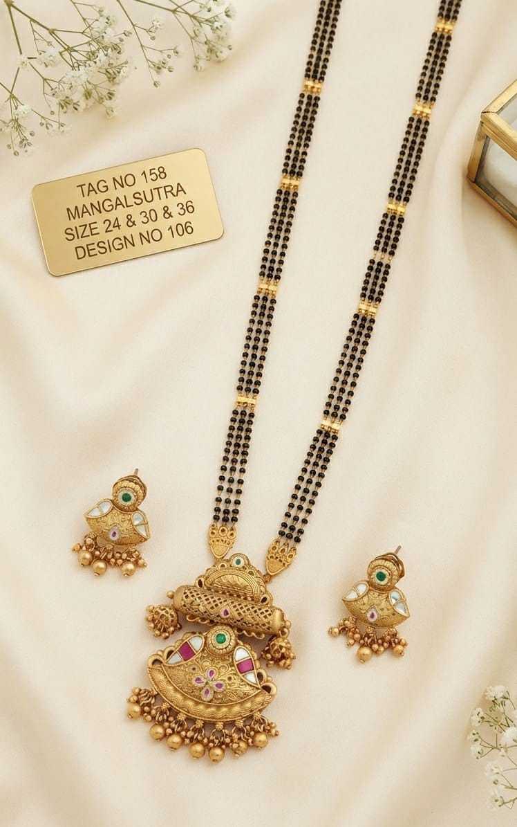 Crescent Barrel Pendant Long Mangalsutra Set with Kundan Flower