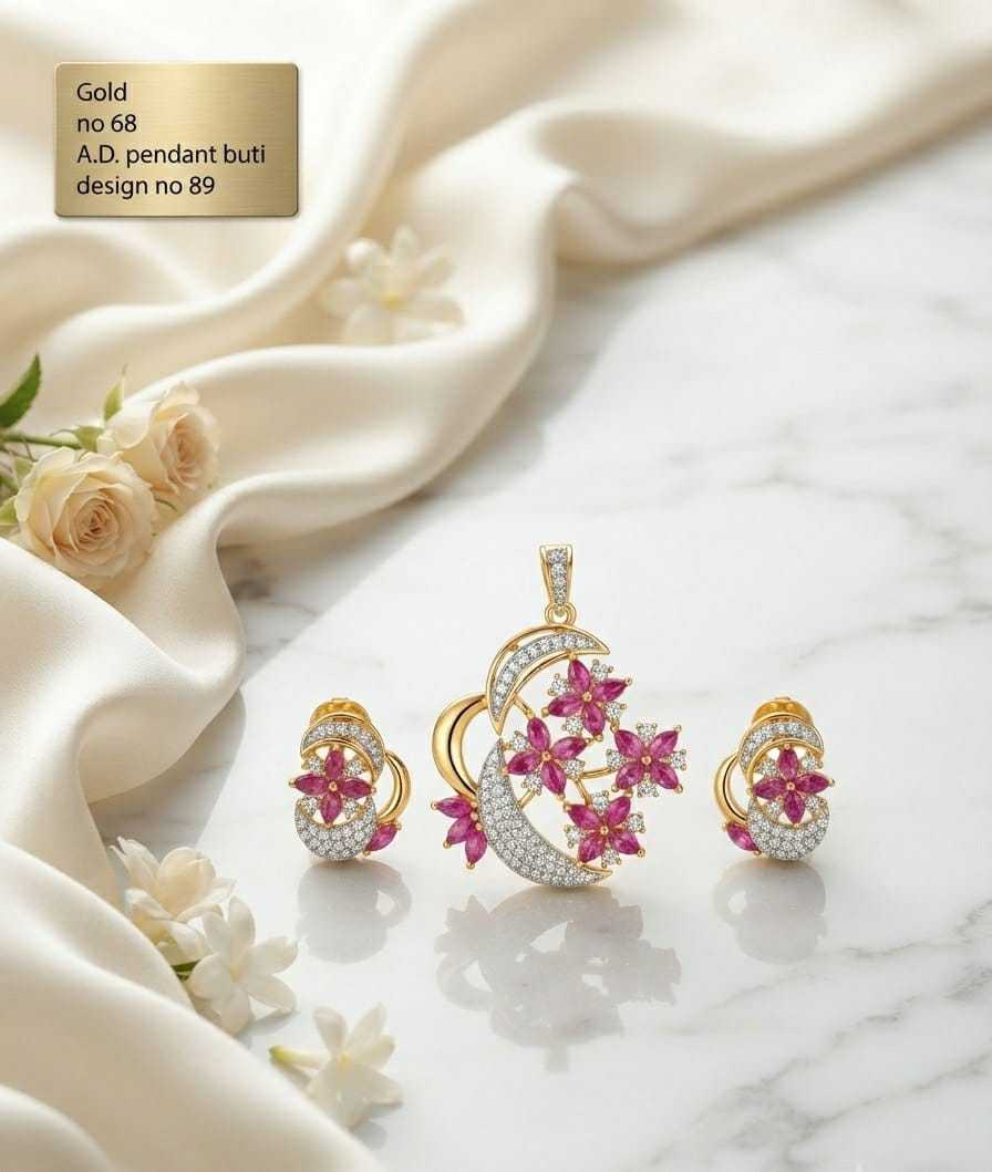 Crescent Flower and Radha Krishna AD Pendant Set with Earrings