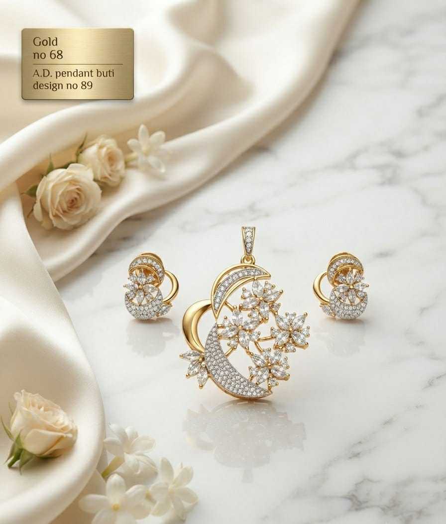 Crescent Flower and Radha Krishna AD Pendant Set with Earrings