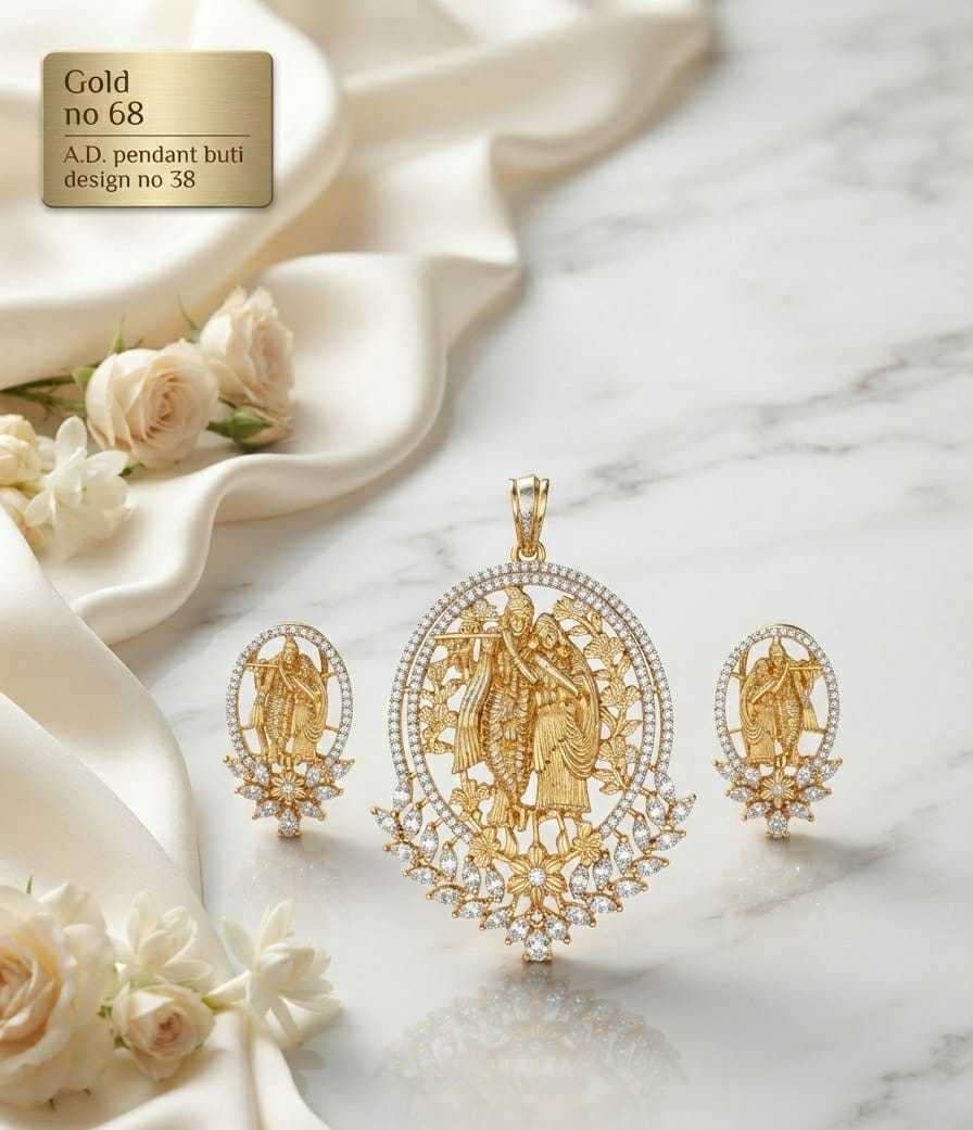 Crescent Flower and Radha Krishna AD Pendant Set with Earrings