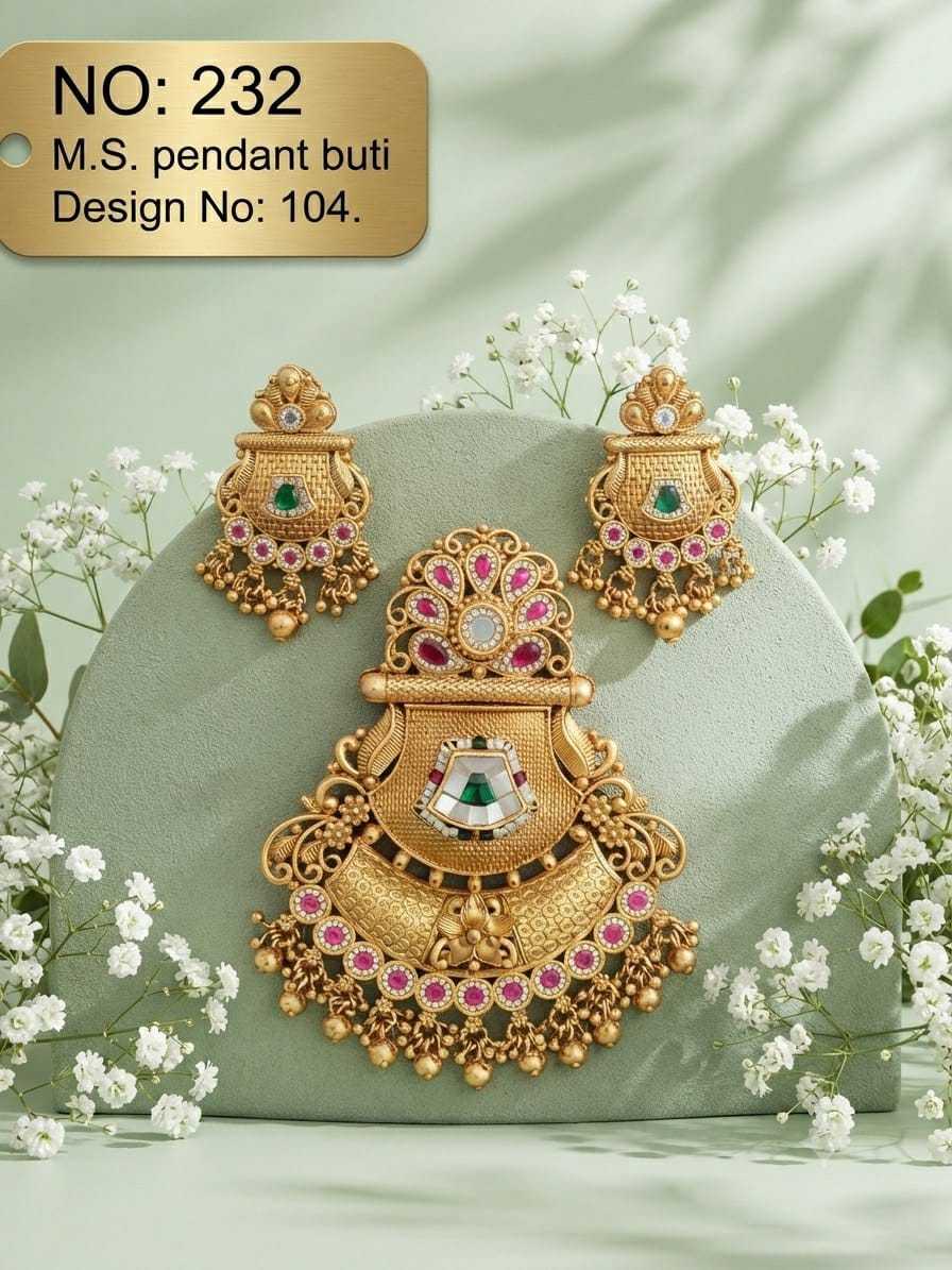 Crescent Temple Pendant and Earrings Set with Ruby Crown