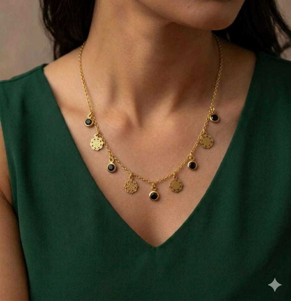 Crystal Charm Fringe Necklace in Gold Tone