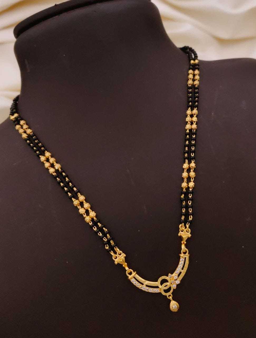 Curved CZ Pendant Mangalsutra with Double Gold Bead Strand