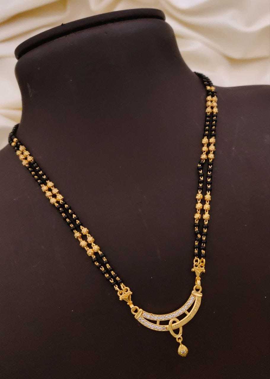 Curved CZ Pendant Mangalsutra with Double Gold Bead Strand